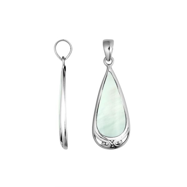 Handcrafted Sterling Silver Mother Of Pearl Teardrop Pendant With Polished Silver Border.