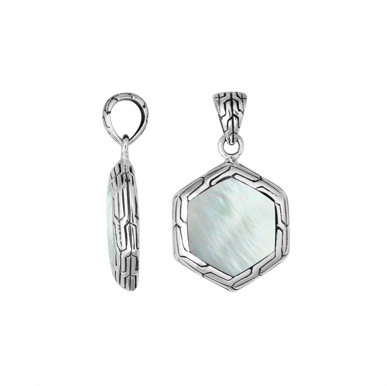 Handcrafted Sterling Silver Mother Of Pearl Hexagon Pendant With Polished Silver Frame.