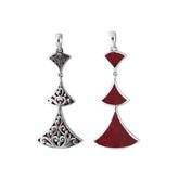 Elegant Sterling Silver Red Coral multi-tier triangle pendant with ornate scroll design, handcrafted mirror-polished finish, and rich red tone for women’s artistic jewelry.