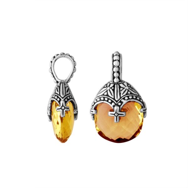 Elegant sterling silver citrine quartz heart pendant with ornate Balinese handcrafted detailing