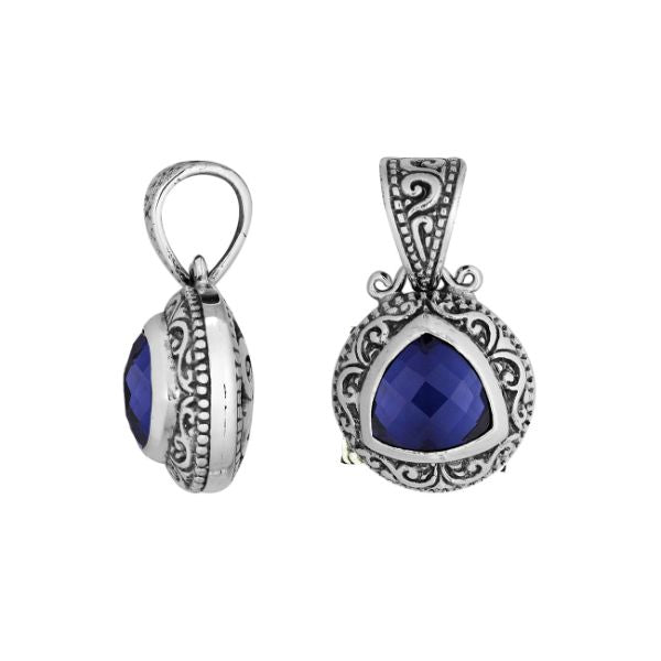 Elegant sterling silver triangular pendant with Sapphire Quartz and Balinese handcrafted detailing