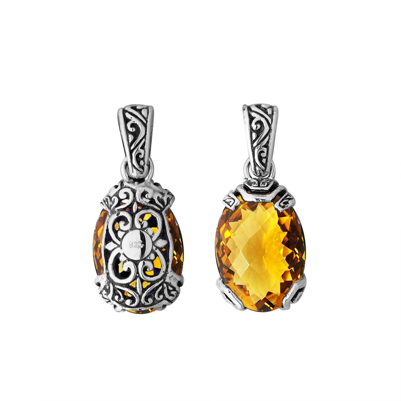 An elegant sterling silver pendant featuring a sparkling Citrine Quartz set in detailed Balinese filigree, radiating handcrafted artistry and golden elegance.