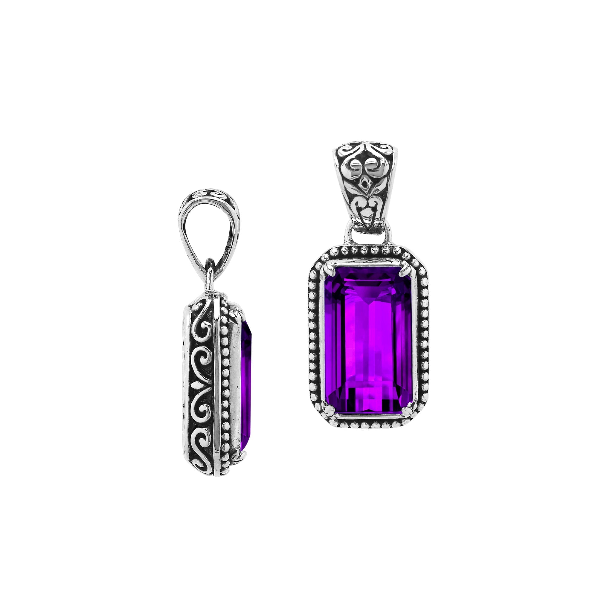 Elegant sterling silver rectangular pendant featuring Amethyst Quartz centerpiece with beaded border and polished silver finish.
