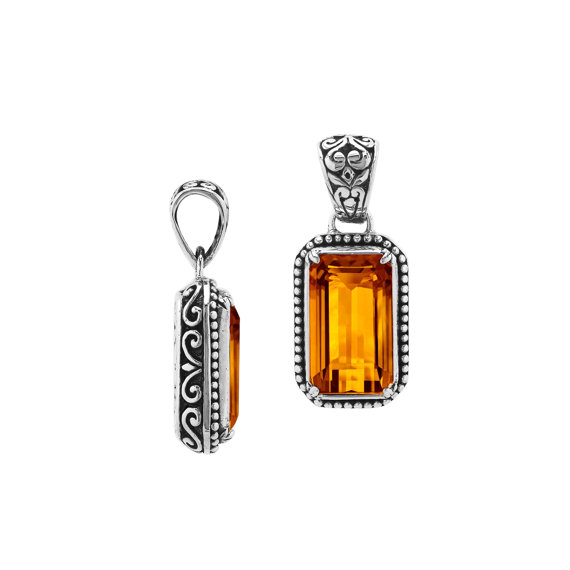 Elegant sterling silver rectangular pendant featuring Citrine Quartz center with artistic beaded border and polished finish.