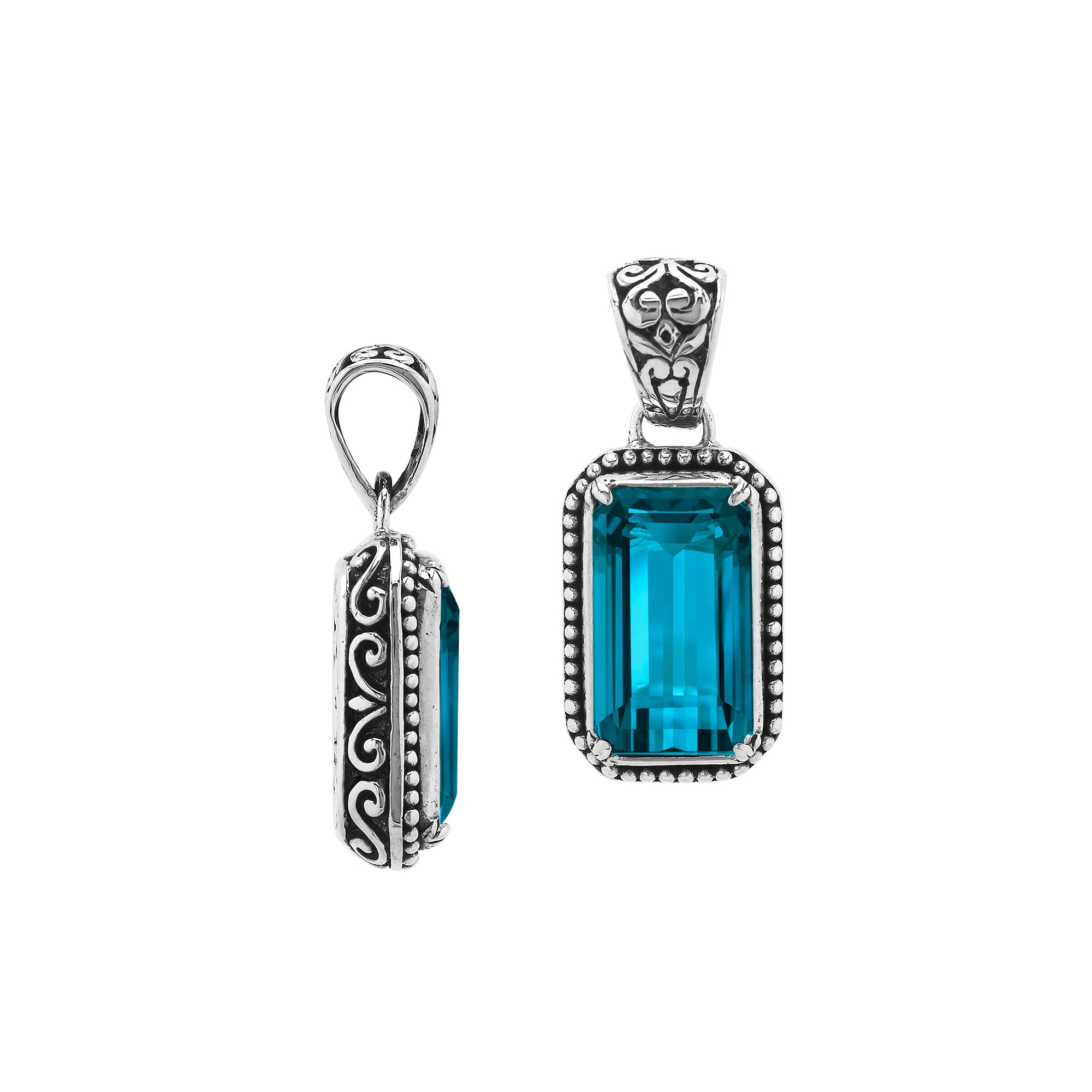 Elegant sterling silver rectangular pendant with London Blue Topaz Quartz center and artistic beaded border craftsmanship.