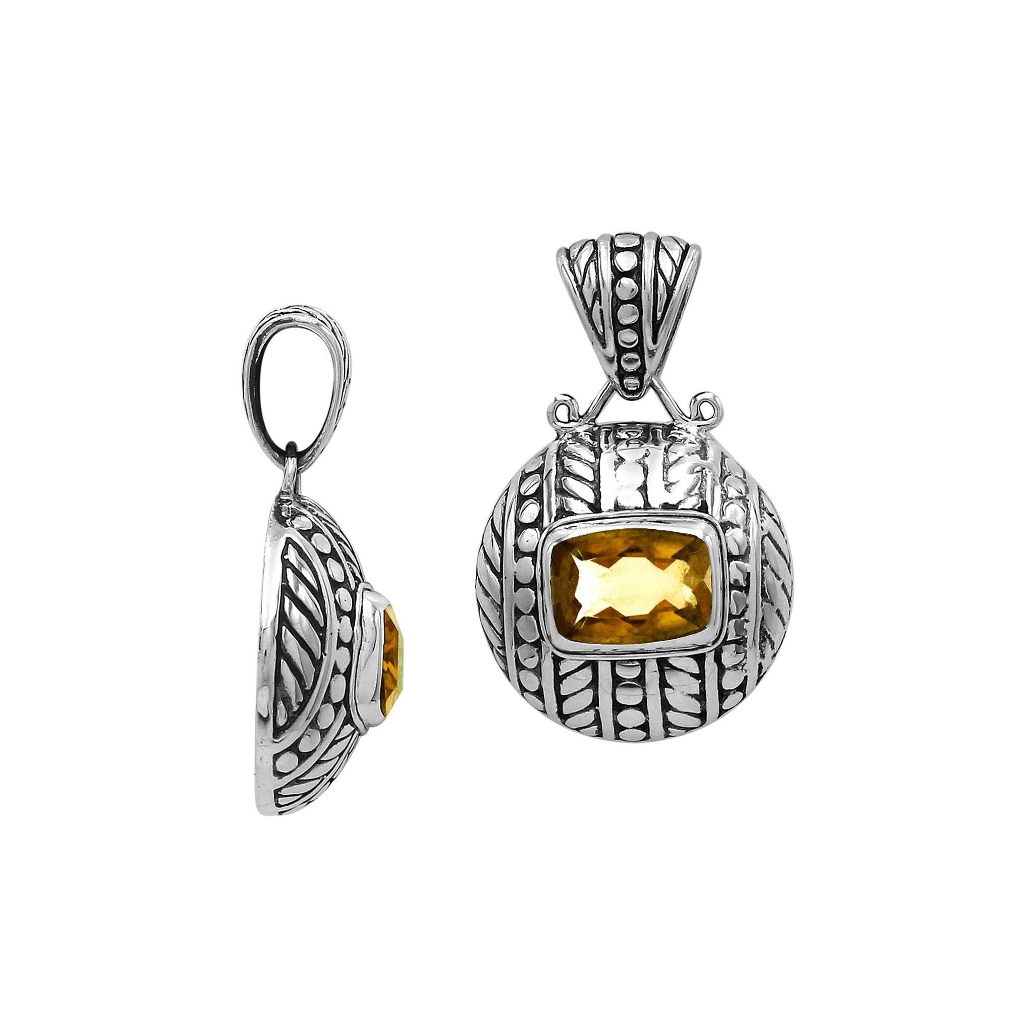 Elegant sterling silver pendant with cushion citrine quartz centerpiece, artistic leaf engravings, and smooth polished finish crafted in Balinese design tradition.