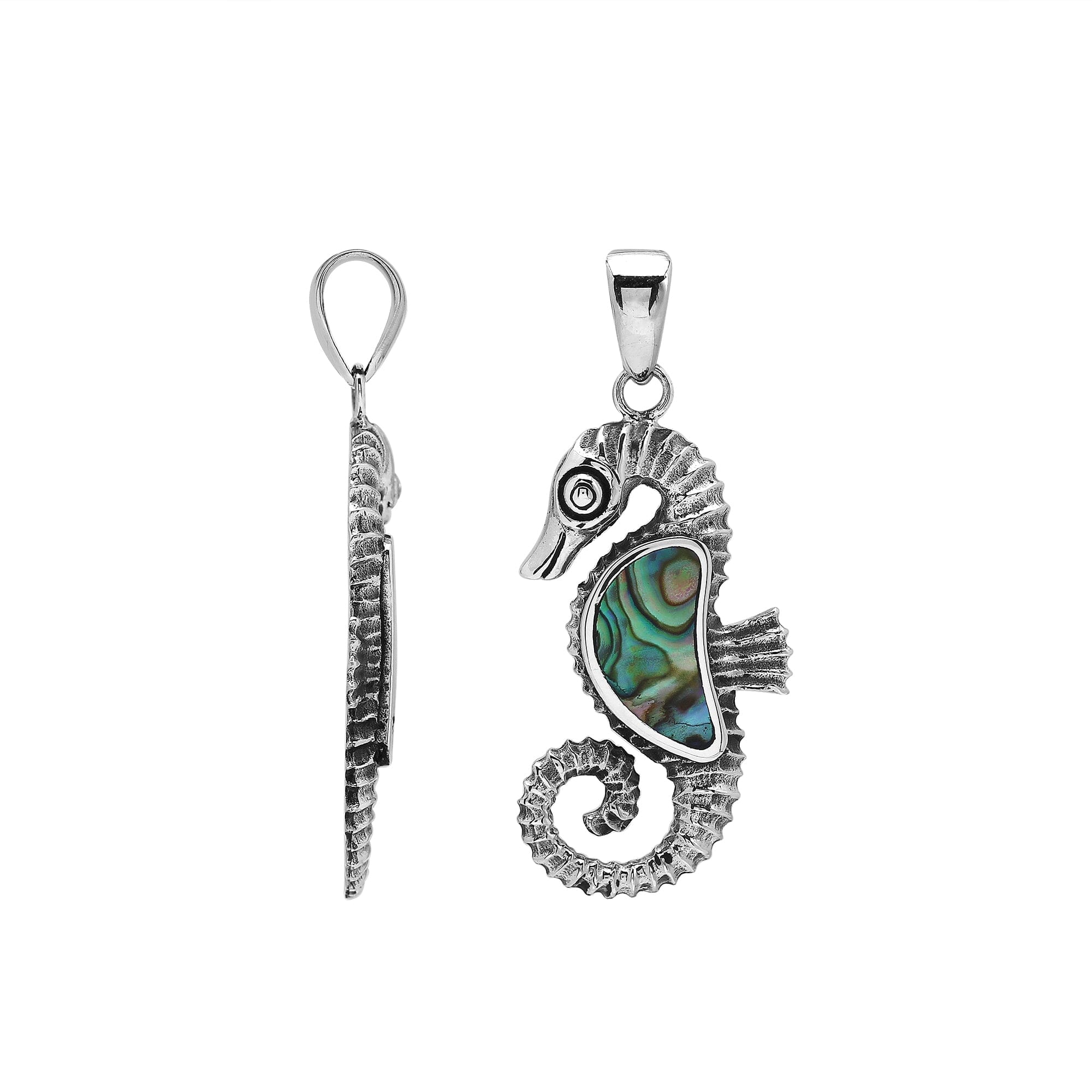 Handcrafted sterling silver seahorse pendant with Abalone Shell, polished surface, and artistic Balinese detailing.