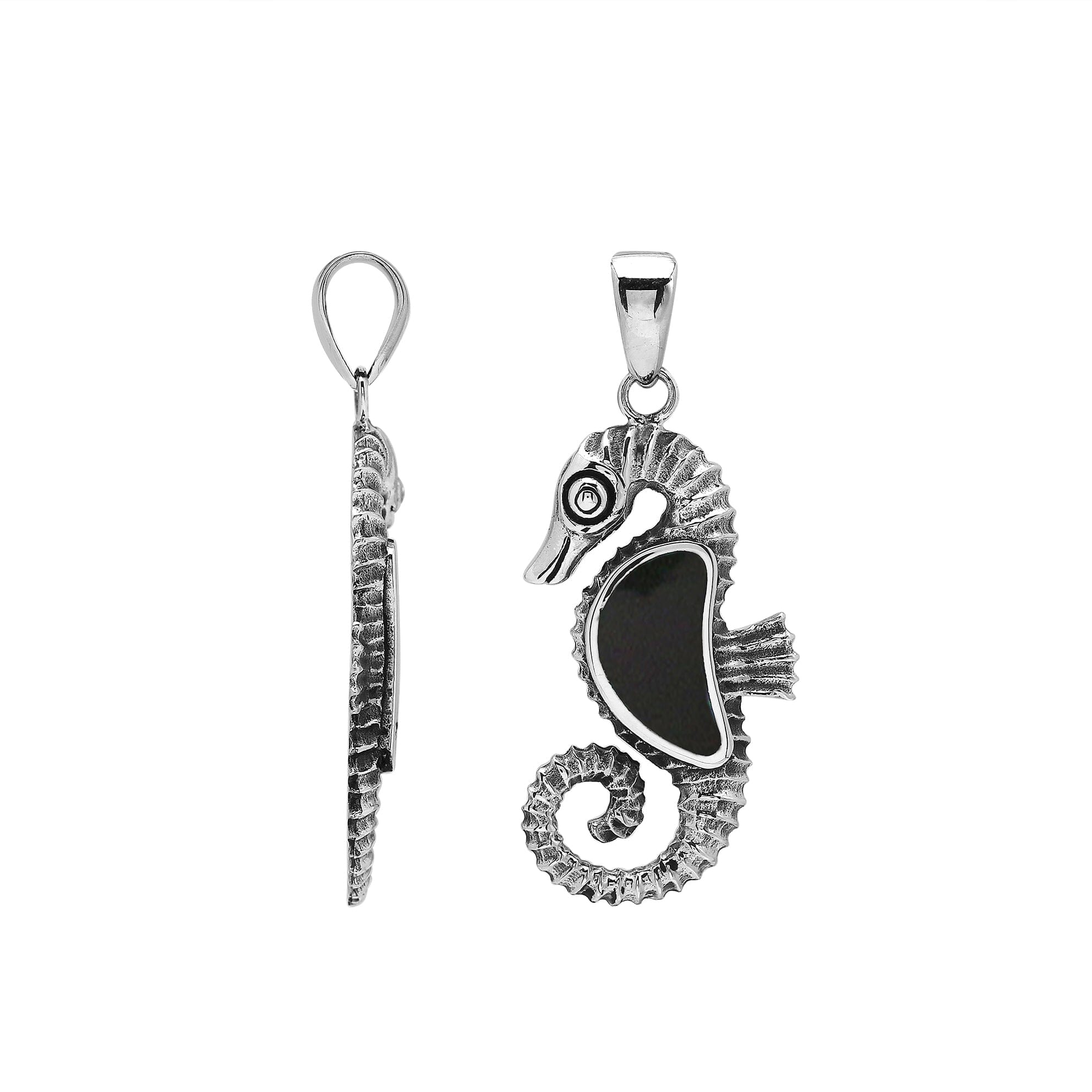 Elegant sterling silver seahorse pendant with polished Black Shell and Balinese handcrafted design.