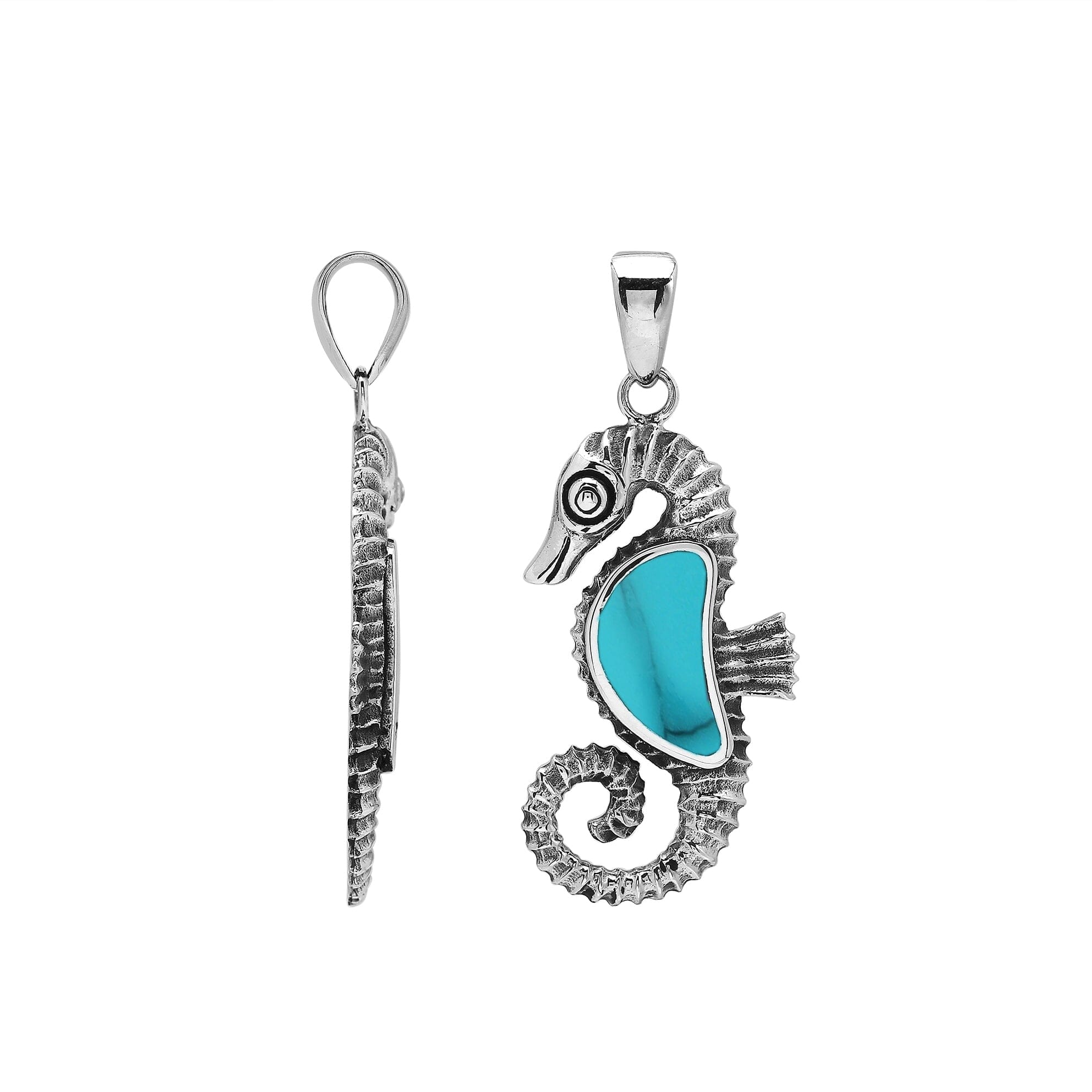 Handcrafted sterling silver seahorse pendant featuring turquoise shell and Balinese artistry with a polished finish.