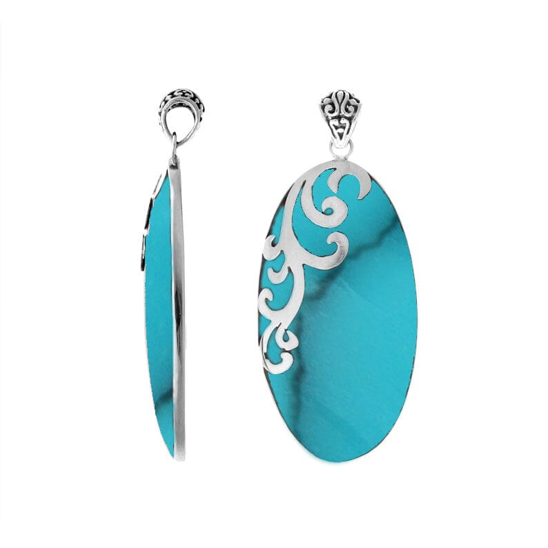 Elegant sterling silver Turquoise Shell pendant with handcrafted scroll design made in Bali.