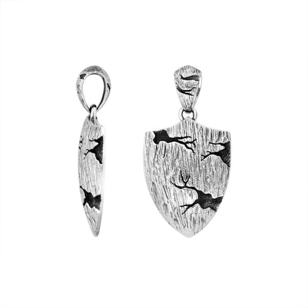 Artistic sterling silver shield-shaped pendant featuring engraved running deer motifs with textured surface and polished detailing for modern nature-inspired jewelry styling
