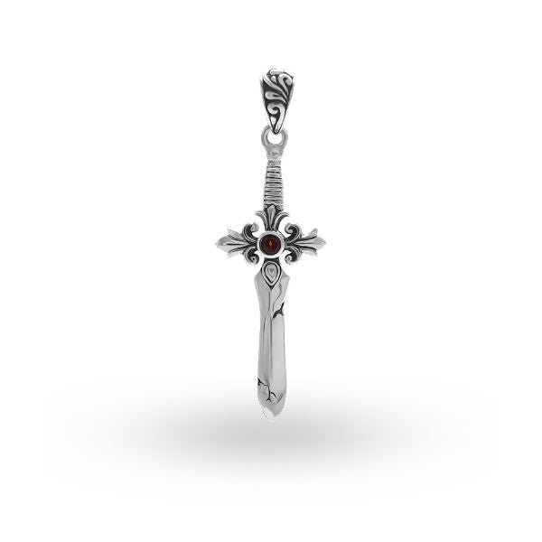 Artistic sterling silver sword pendant featuring a Red Garnet Quartz center stone and detailed filigree guard for expressive modern jewelry wearers