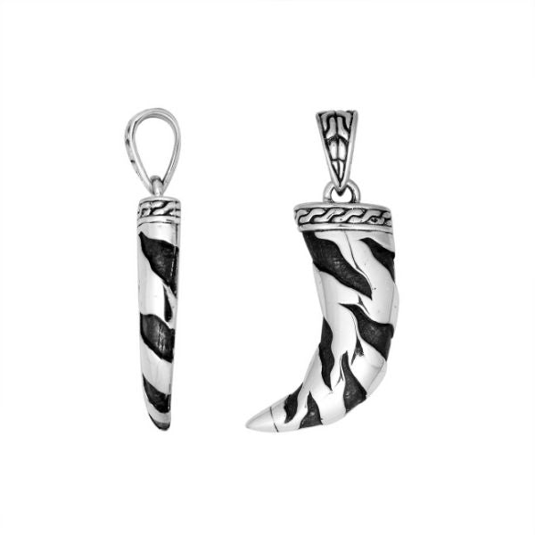 Artistic sterling silver sword-shaped pendant with oxidized pattern.