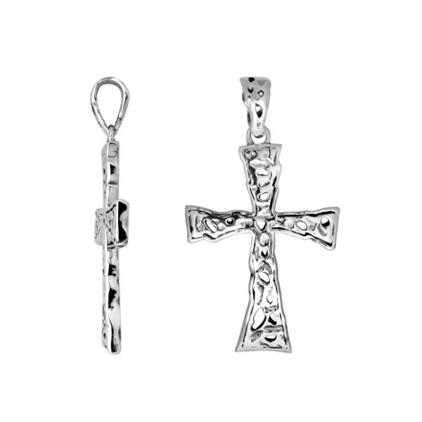 Artistic sterling silver hammered cross pendant with raised detailing.