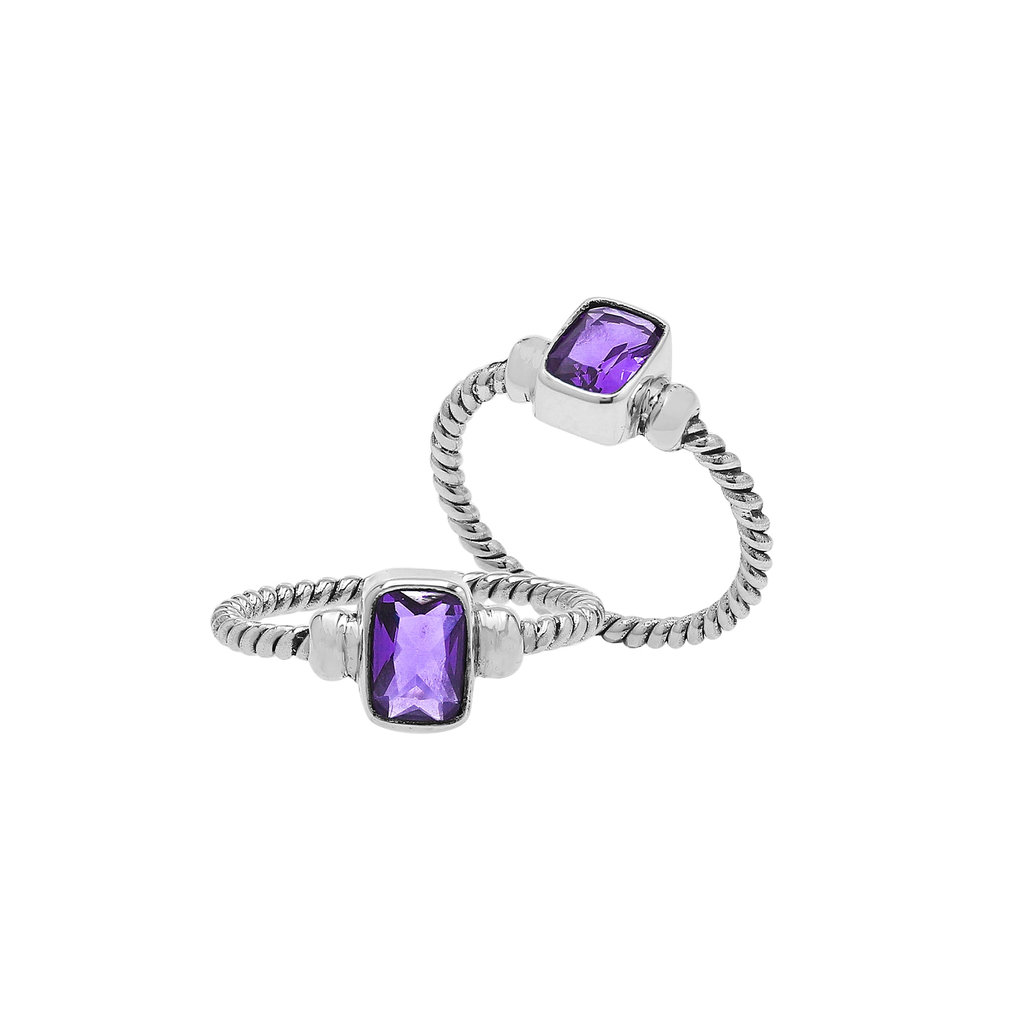 Handcrafted sterling silver twisted band ring with rectangular-cut Amethyst Quartz, artisan unisex jewelry for everyday wear or gifting.