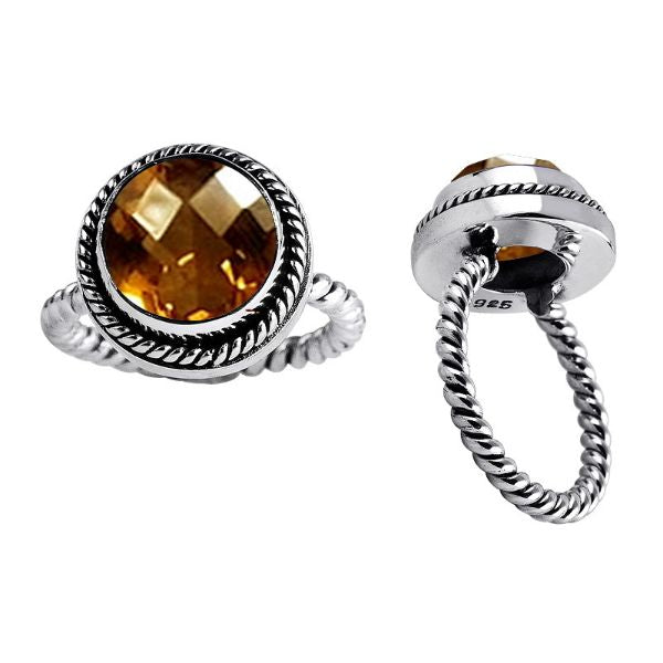 Handmade sterling silver Citrine Quartz ring with rope bezel and twisted band, Bali artisan jewelry