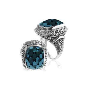 Sterling silver London Blue Topaz Quartz ring with cushion-cut Quartz and ornate Balinese carvings – handcrafted Woman jewelry