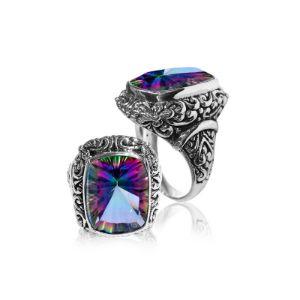Woman sterling silver Mystic Topaz ring with cushion-cut Quartz and Balinese carvings – handcrafted jewelry