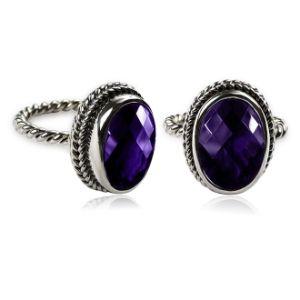 Sterling silver Amethyst Quartz ring with rope-edge bezel and twisted band for retail