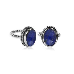 Handcrafted sterling silver Lapis Lazuli Quartz ring with oval cabochon Quartz and rope bezel, artisan jewelry from Indonesia.