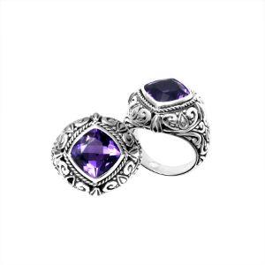 Handmade sterling silver Amethyst Quartz cushion ring with ornate scroll design and rope bezel, artisan Bali jewelry.