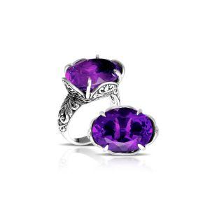 Handcrafted sterling silver Bali ring with oval purple Amethyst Quartz and scrollwork.