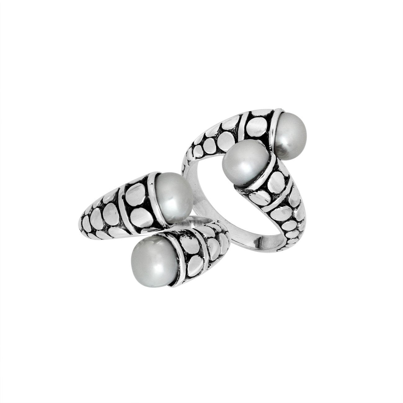 Sterling Silver White Pearl double cabochon split ring with dotted Balinese silverwork