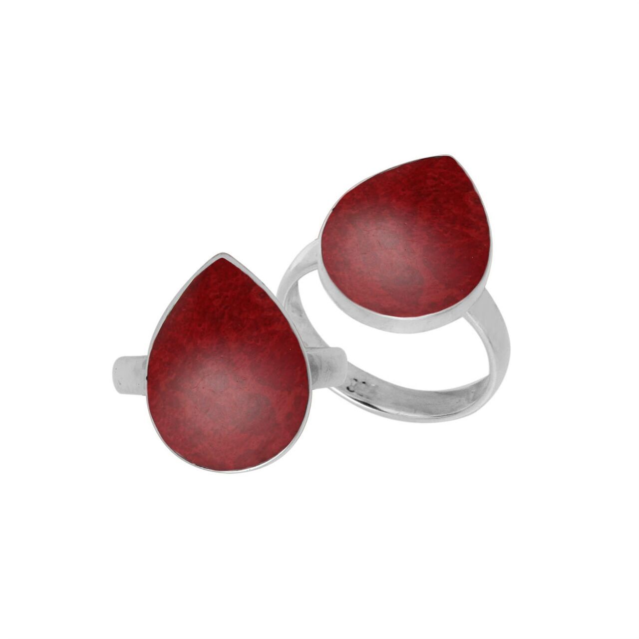 Handcrafted Sterling Silver pear shape ring with Red Coral and Balinese polished design