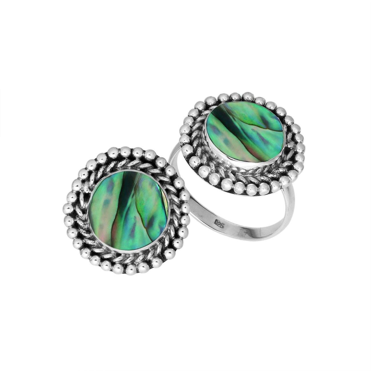 Handcrafted Sterling Silver round shape ring with Abalone Shell and Balinese beaded rope detailing