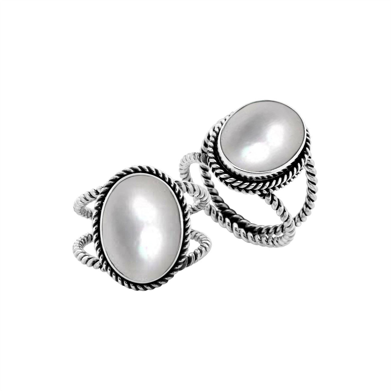 Handcrafted Sterling Silver oval shape ring with Black Shell and twisted Bali rope design