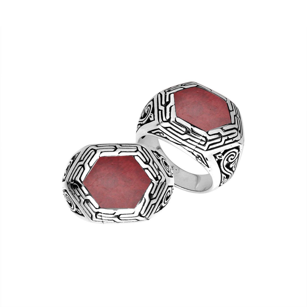 Sterling Silver Hexagon Tribal Statement Ring With Red Coral