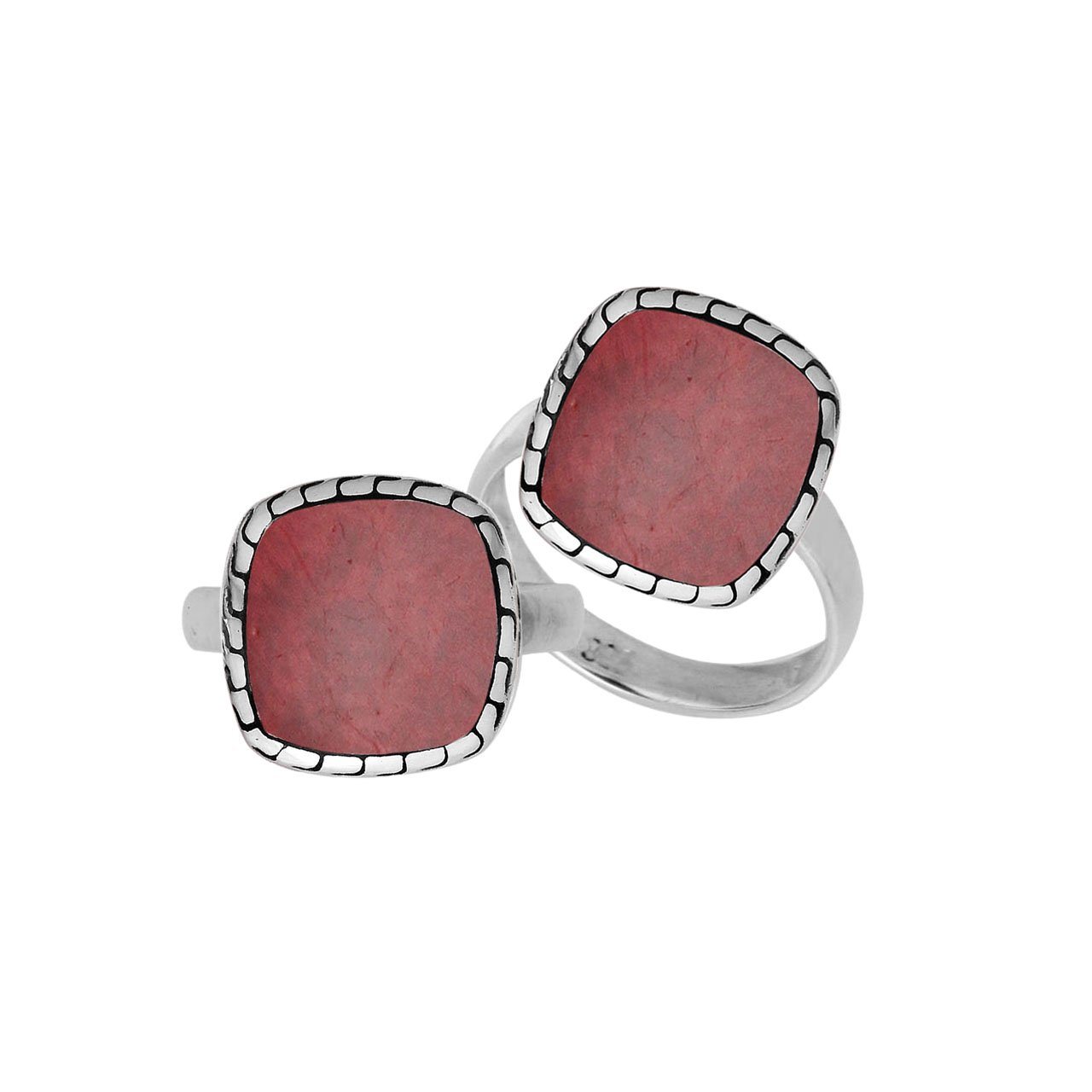 Sterling Silver Cushion Shape Textured Statement Ring With Red Coral
