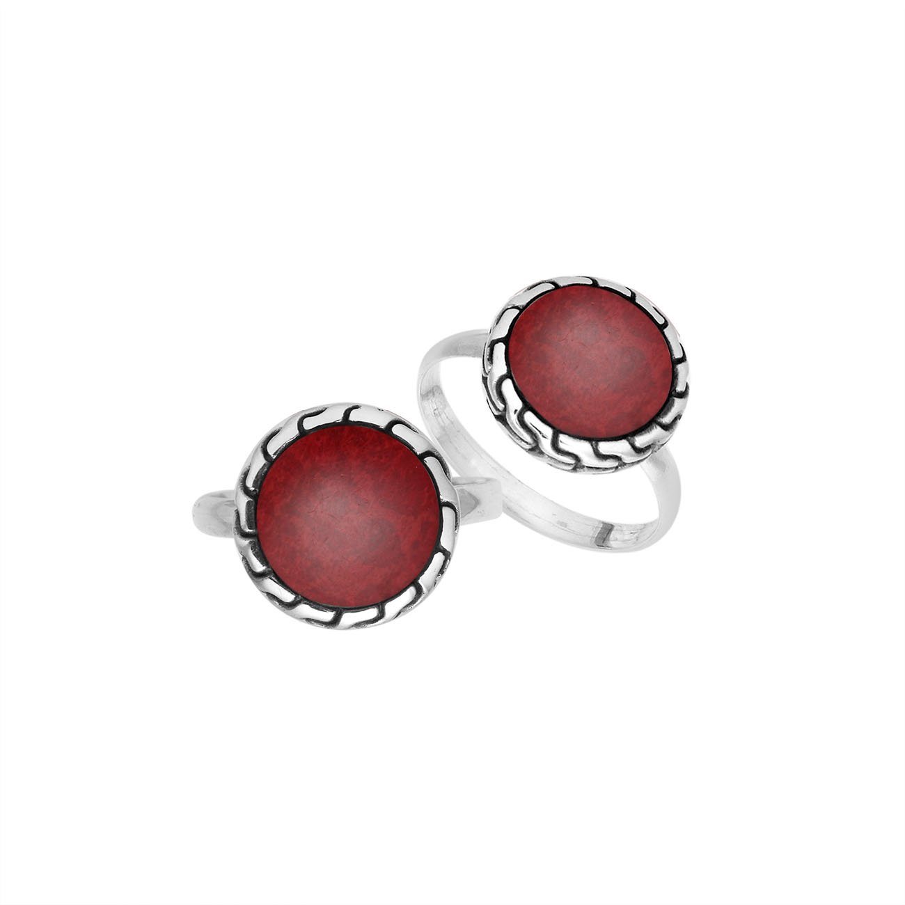 Sterling Silver Round Shape Textured Statement Ring With Red Coral