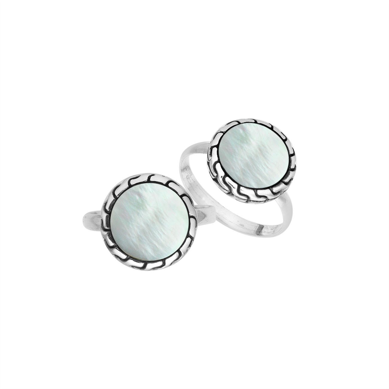 Sterling Silver Round Shape Textured Statement Ring With Mother Of Pearl