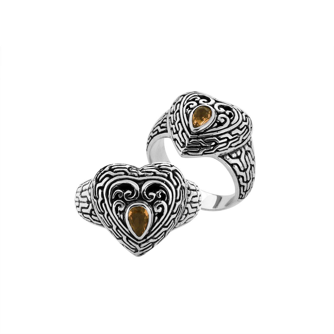 Sterling Silver Citrine Quartz Heart Shape Balinese Vintage Statement Ring