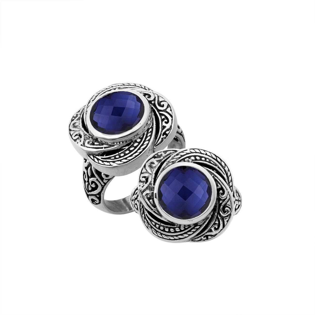 Elegant sterling silver round shape Sapphire ring with Balinese handcrafted detailing
