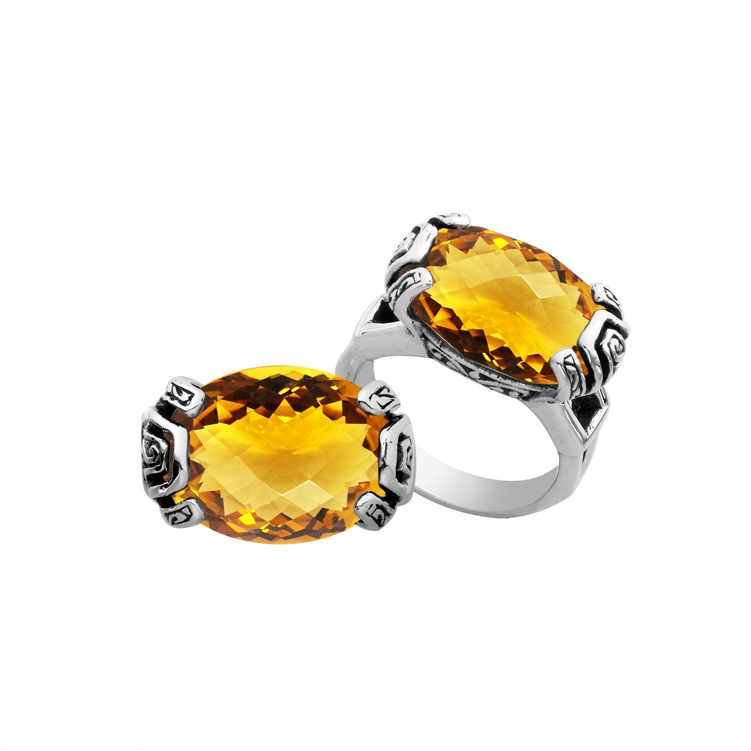 Elegant sterling silver oval shape Citrine Quartz ring with Balinese handcrafted detailing