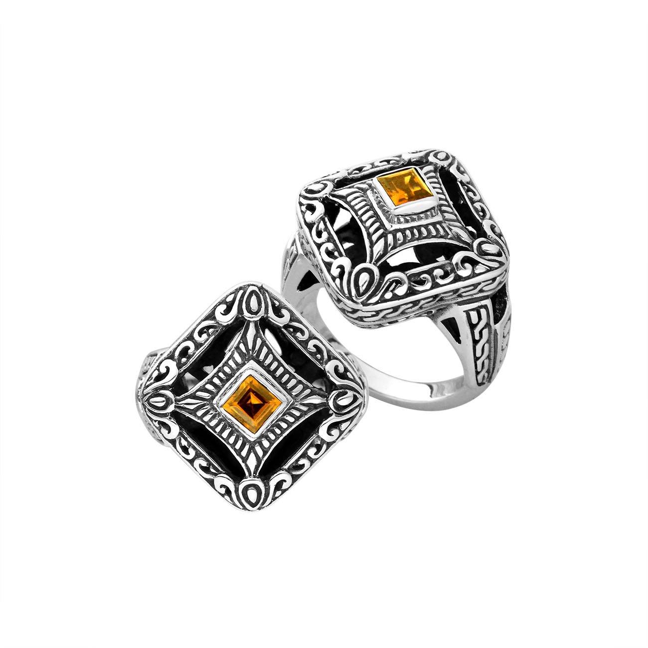 Balinese silver square face ring with Citrine Quartz centerpiece