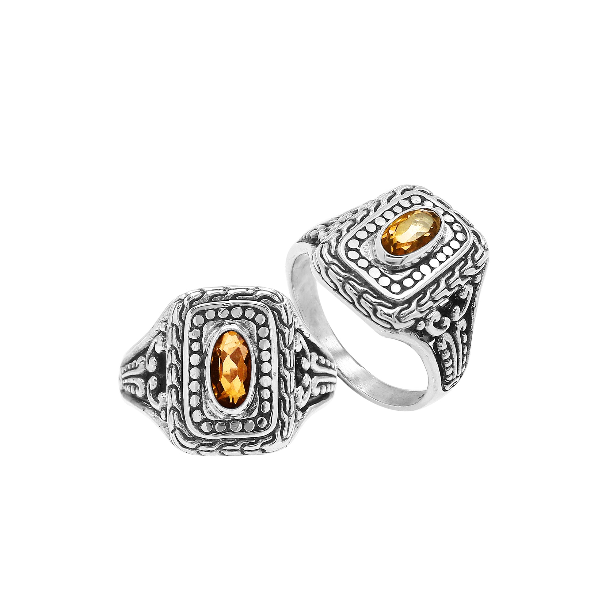 Sterling Silver Balinese Handcrafted Ring With Citrine Quartz In Rectangular Designer Setting