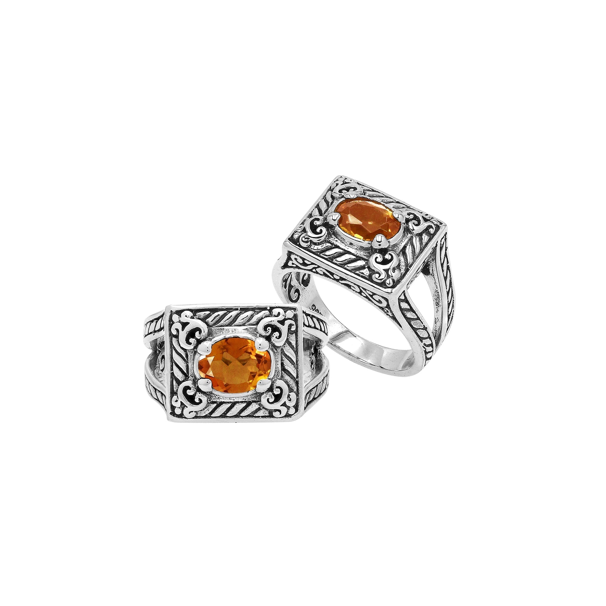 Elegant Sterling Silver Rectangular Citrine Quartz Ring With Balinese Design