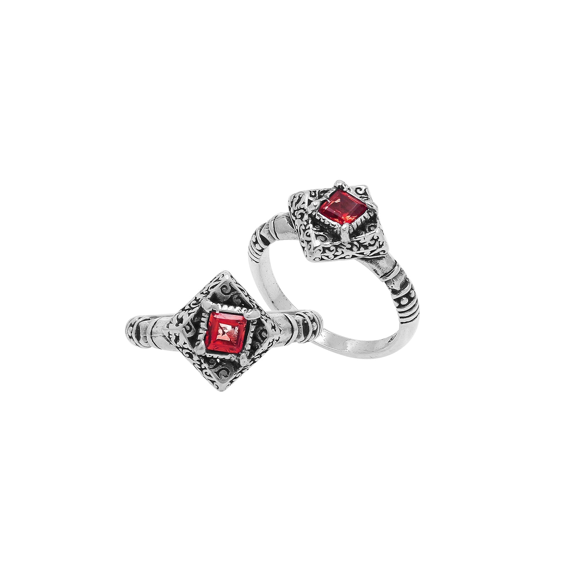 Elegant Sterling Silver Diamond Shape Garnet Quartz Ring With Balinese Design
