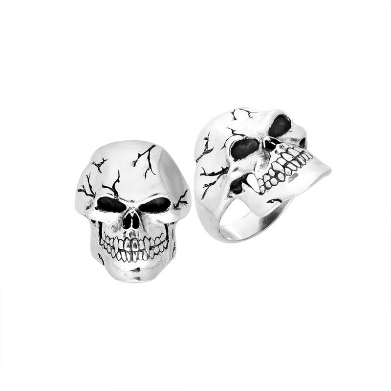 Sterling Silver Gothic Cracked Skull Ring With Oxidized Detailing