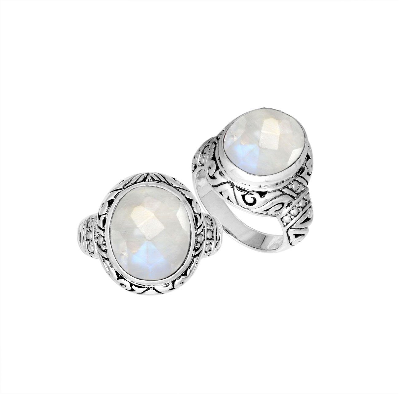 Sterling Silver Rainbow Moonstone Ring With Balinese Carved Band For Women