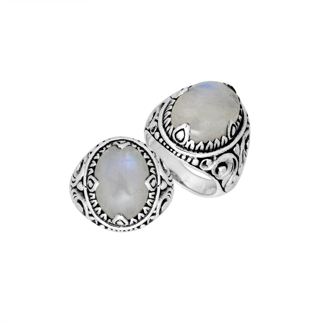 Sterling Silver Rainbow Moonstone Oval Balinese Ring Handcrafted In Indonesia