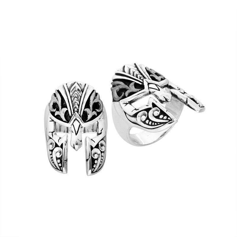 Handcrafted Sterling Silver Beautiful Designer Warrior Helmet Armor Heritage Statement Ring With Balinese Carving.