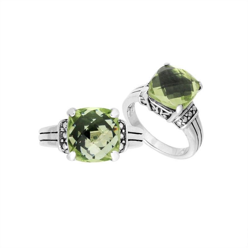 Handcrafted Sterling Silver Elegant Green Amethyst Quartz Cushion Statement Ring With Balinese Carving.