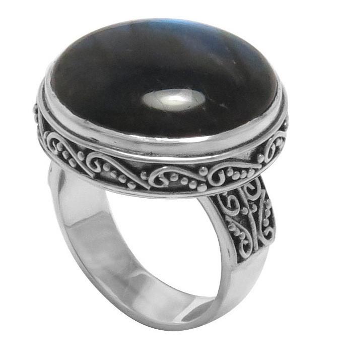Handcrafted Sterling Silver Labradorite Round Statement Ring With Balinese Scrollwork.