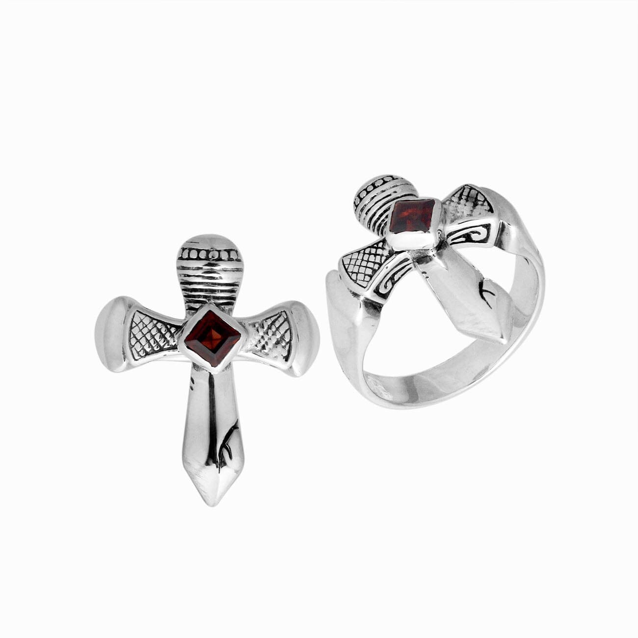 Sterling Silver beautiful ring with Garnet handcrafted in Bali, Indonesia with cross-inspired design