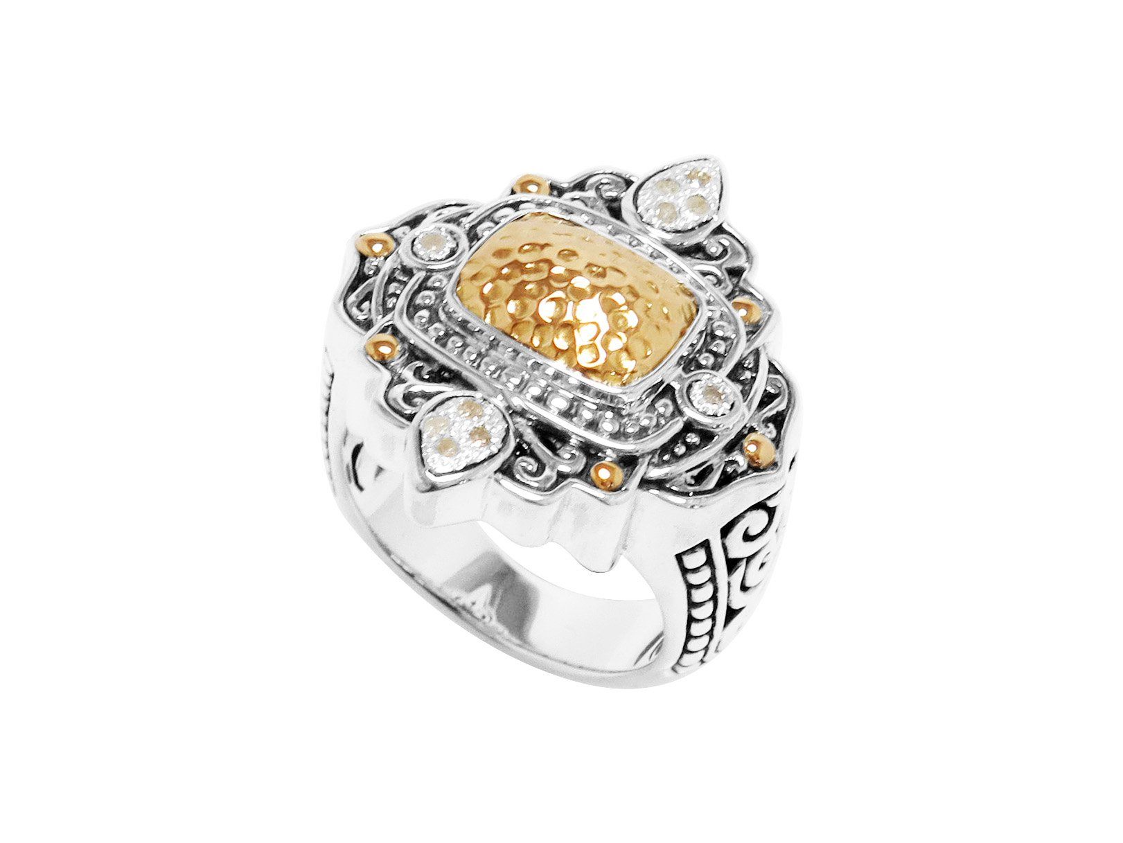 Handcrafted Sterling Silver 18K Gold Ring With Diamond Accents And Hammered Center