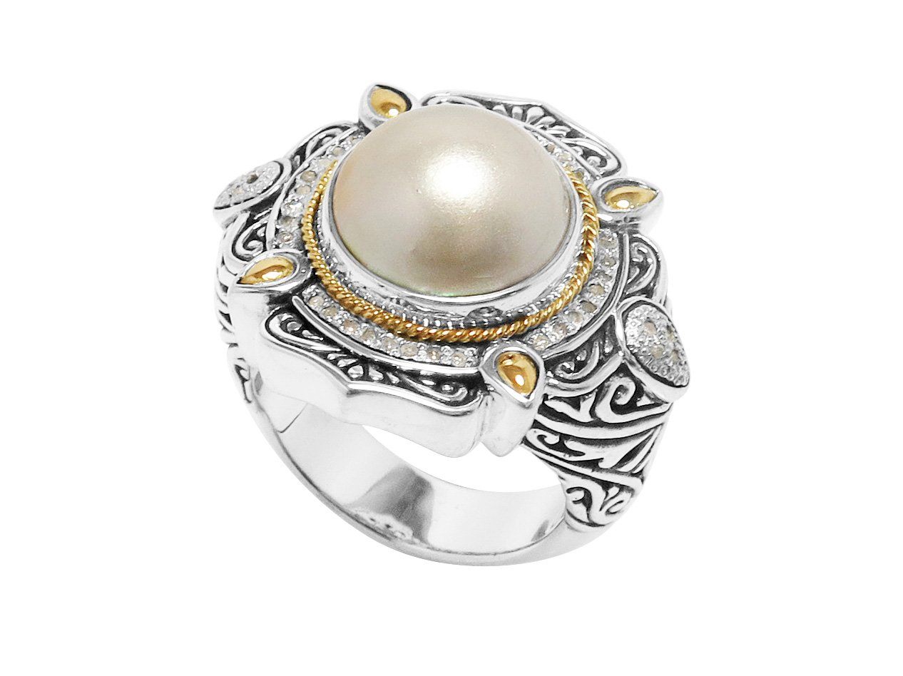 Handcrafted Sterling Silver And 18K Gold Ring Featuring Mabe Pearl And Diamond Accents